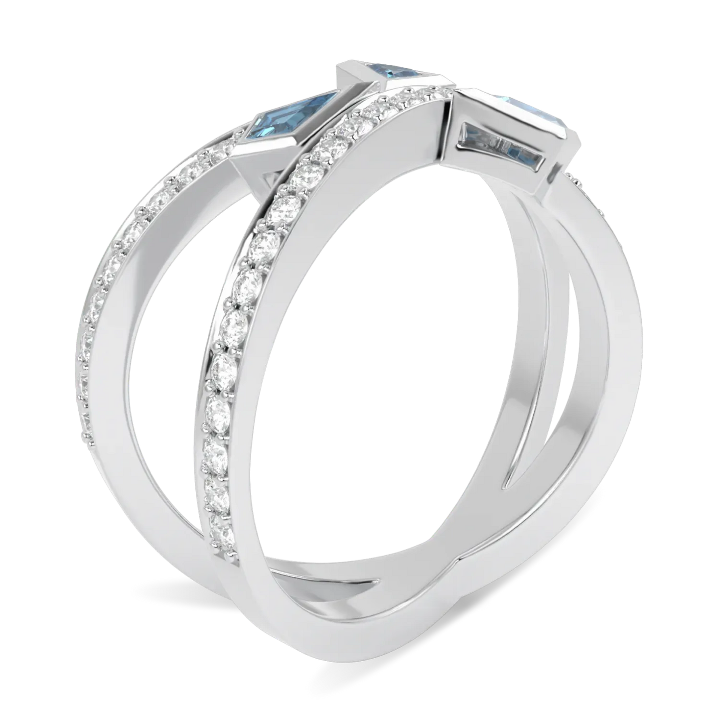 Neo collection Small Aquamarine and Diamond ring set in 18ct White Gold, Blacklock Jewellery — through finger view