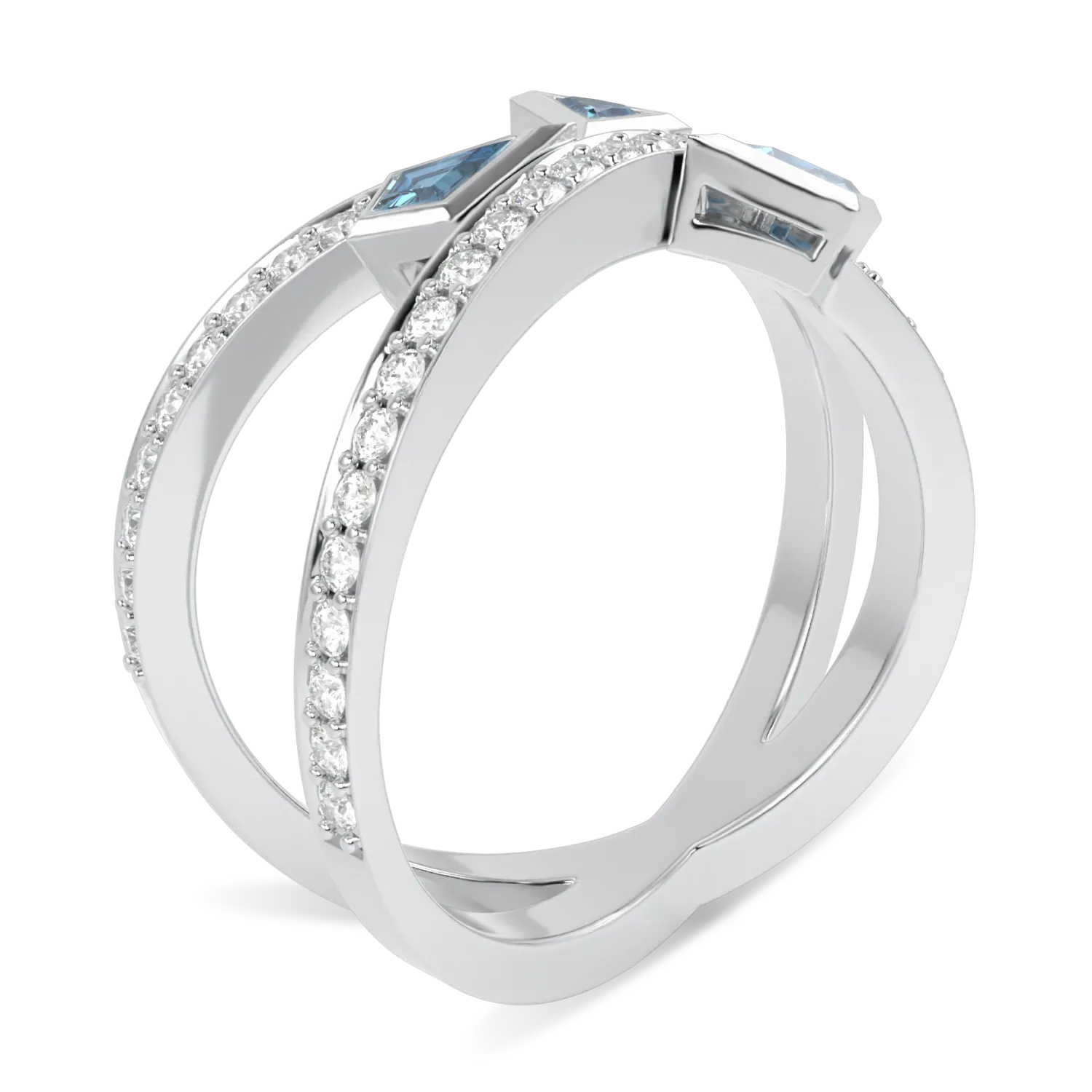 Neo collection Small Aquamarine and Diamond ring set in 18ct White Gold, Blacklock Jewellery — through finger view