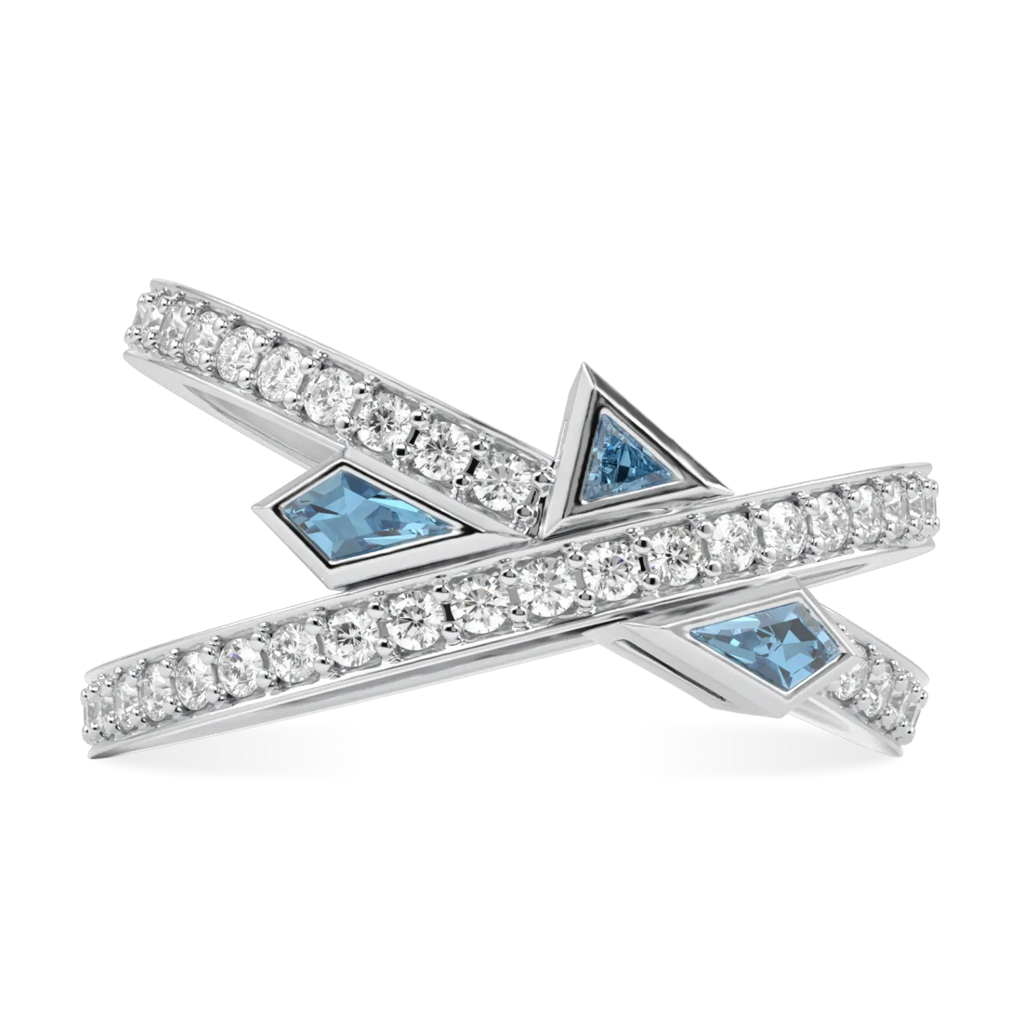Handcrafted 18ct White Gold ring with Aquamarine and Diamond by Blacklock, Neo collection — top down view