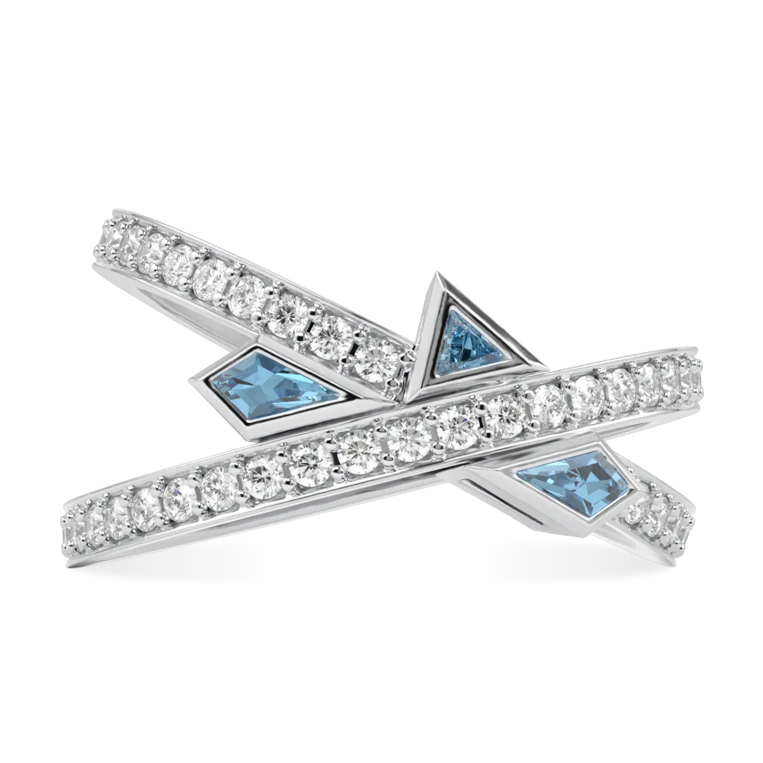 Handcrafted 18ct White Gold ring with Aquamarine and Diamond by Blacklock, Neo collection — top down view