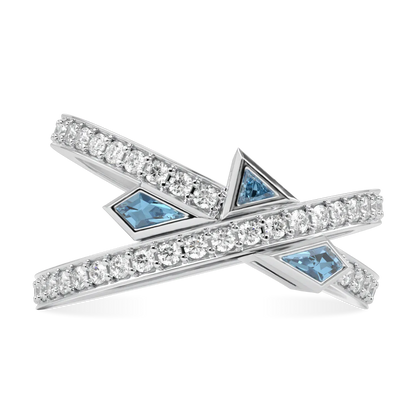 Handcrafted 18ct White Gold ring with Aquamarine and Diamond by Blacklock, Neo collection — top down view
