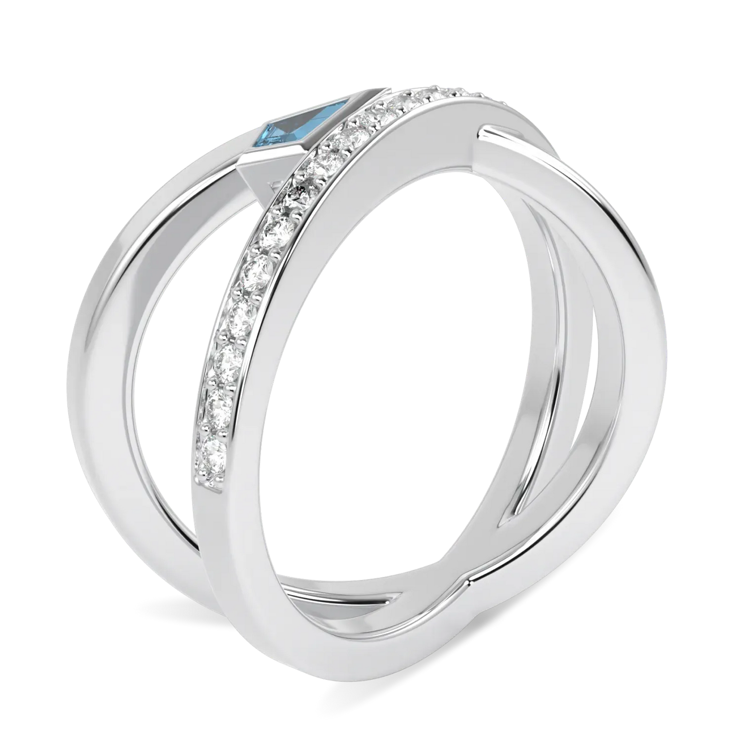 Handcrafted 18ct White Gold ring with Aquamarine and Diamond by Blacklock, Neo collection — through finger view