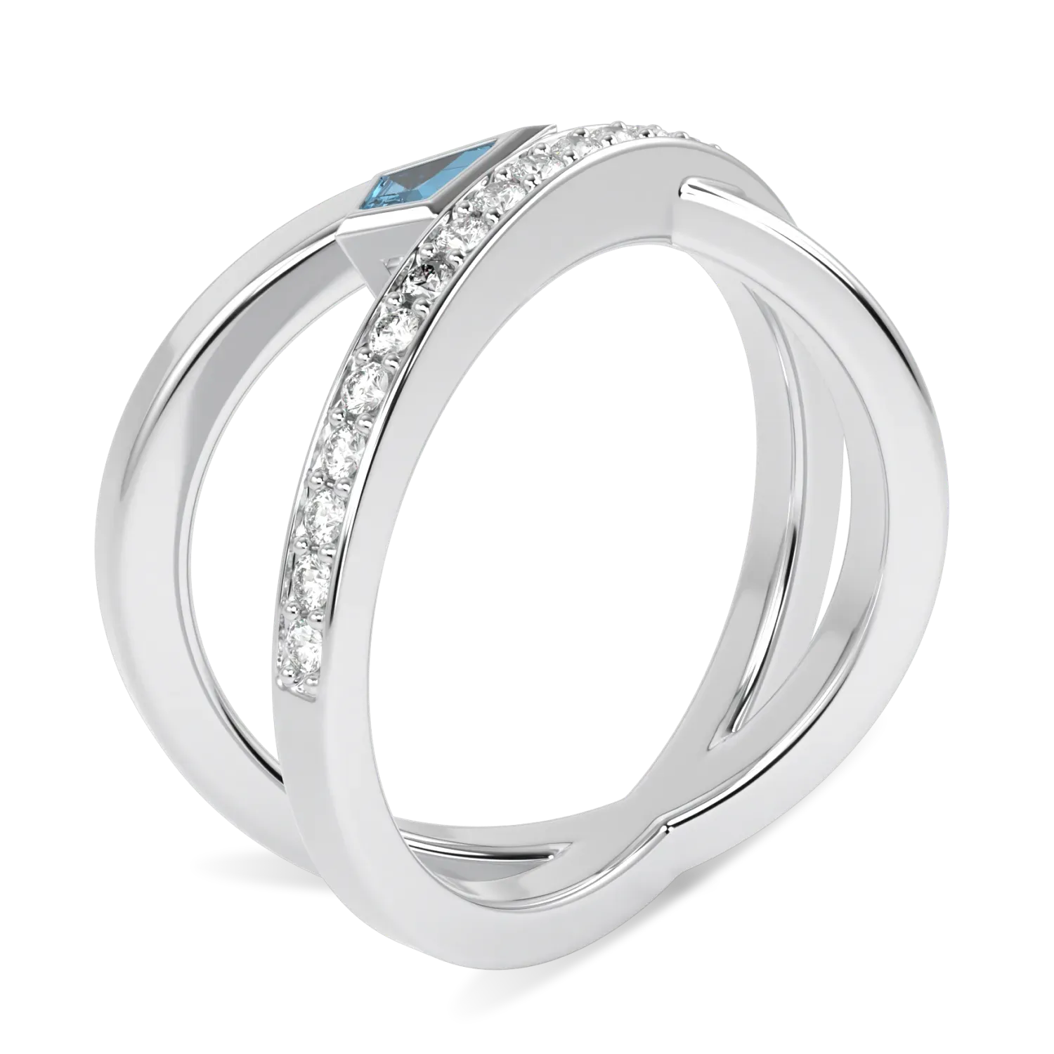 Handcrafted 18ct White Gold ring with Aquamarine and Diamond by Blacklock, Neo collection — through finger view