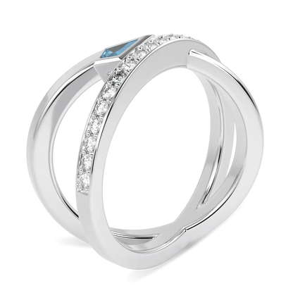 Handcrafted 18ct White Gold ring with Aquamarine and Diamond by Blacklock, Neo collection — through finger view