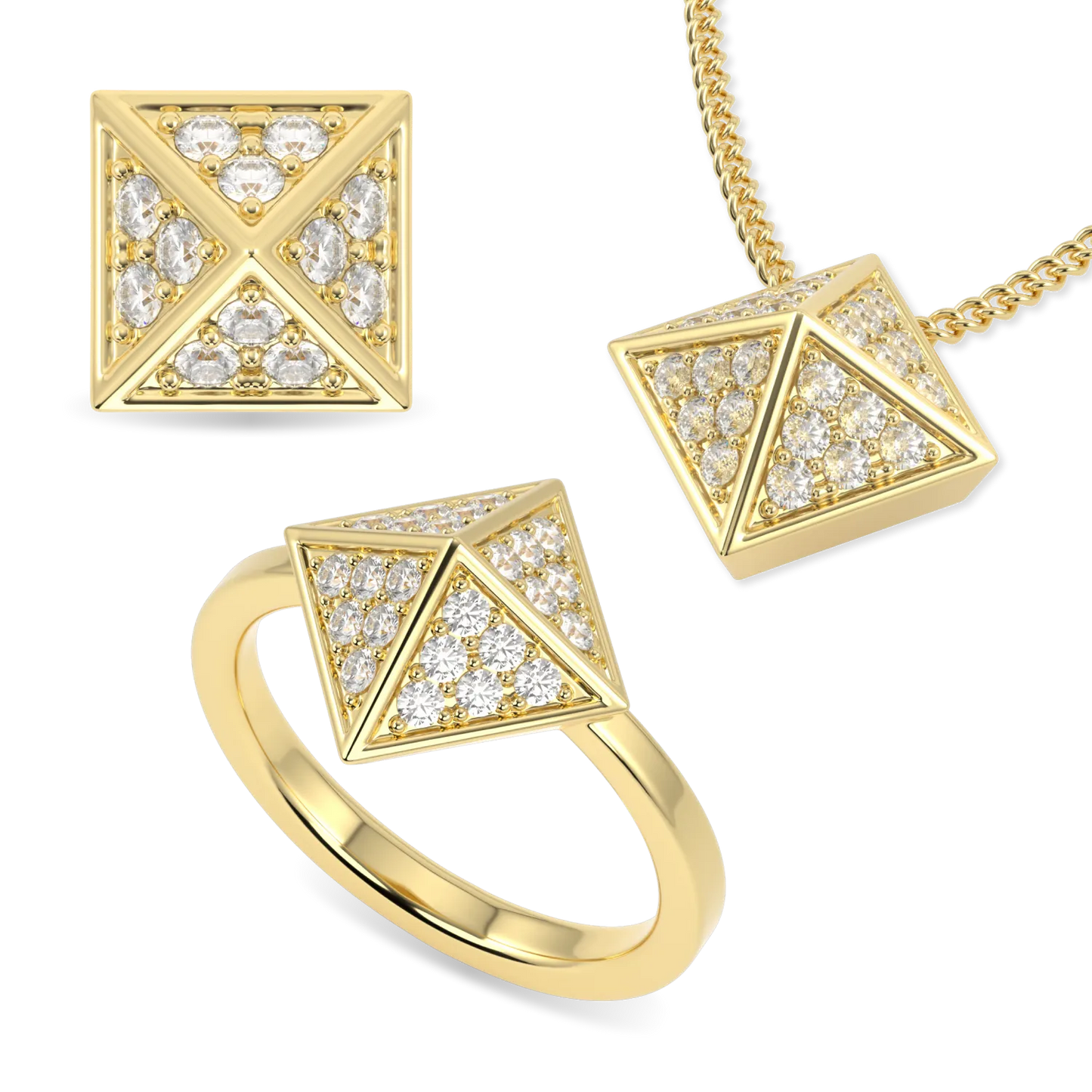Yellow Gold Ring, Pendant and Studs Set by Blacklock Jewellery, Origami collection