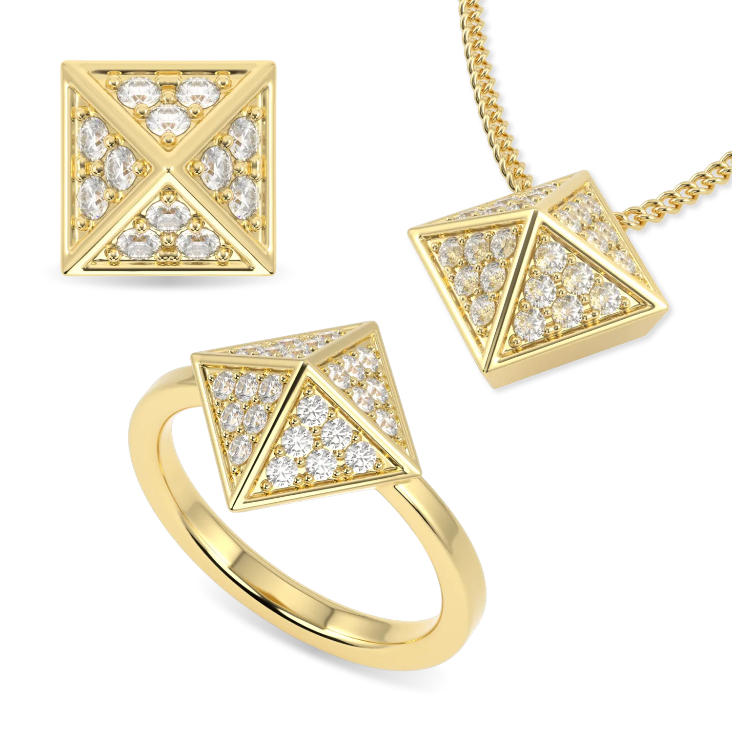 Yellow Gold Ring, Pendant and Studs Set by Blacklock Jewellery, Origami collection
