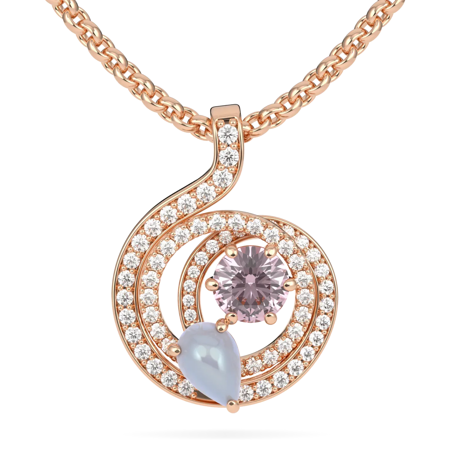 Large Rose Gold Diamond Morganite Pendant by Blacklock Jewellery, Serpentine collection