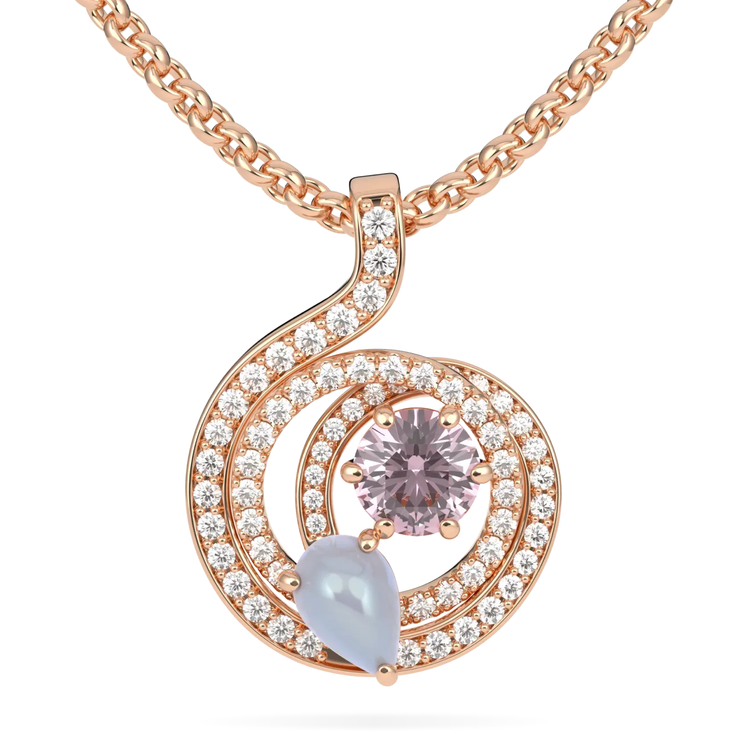 Large Rose Gold Diamond Morganite Pendant by Blacklock Jewellery, Serpentine collection