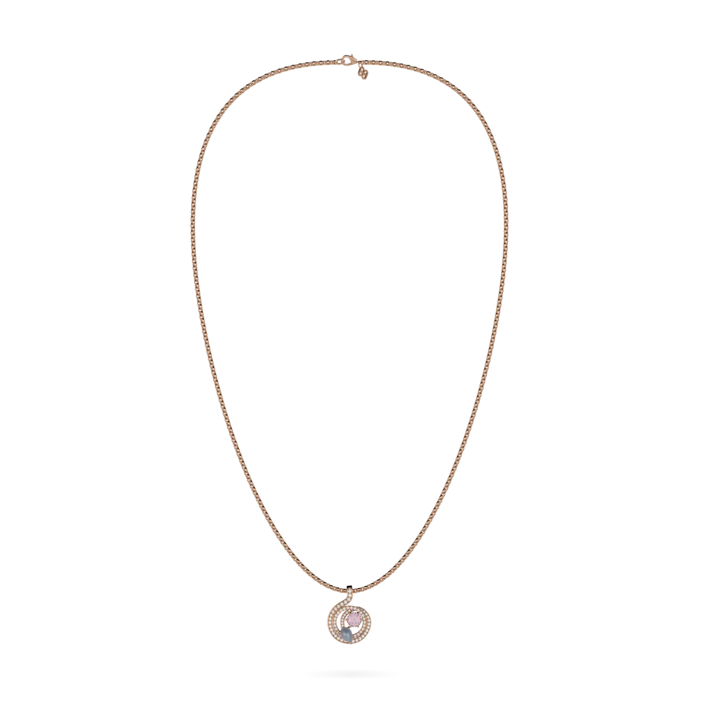 Blacklock Serpentine collection pendant in 18ct Rose Gold with Morganite and Diamond — front on view
