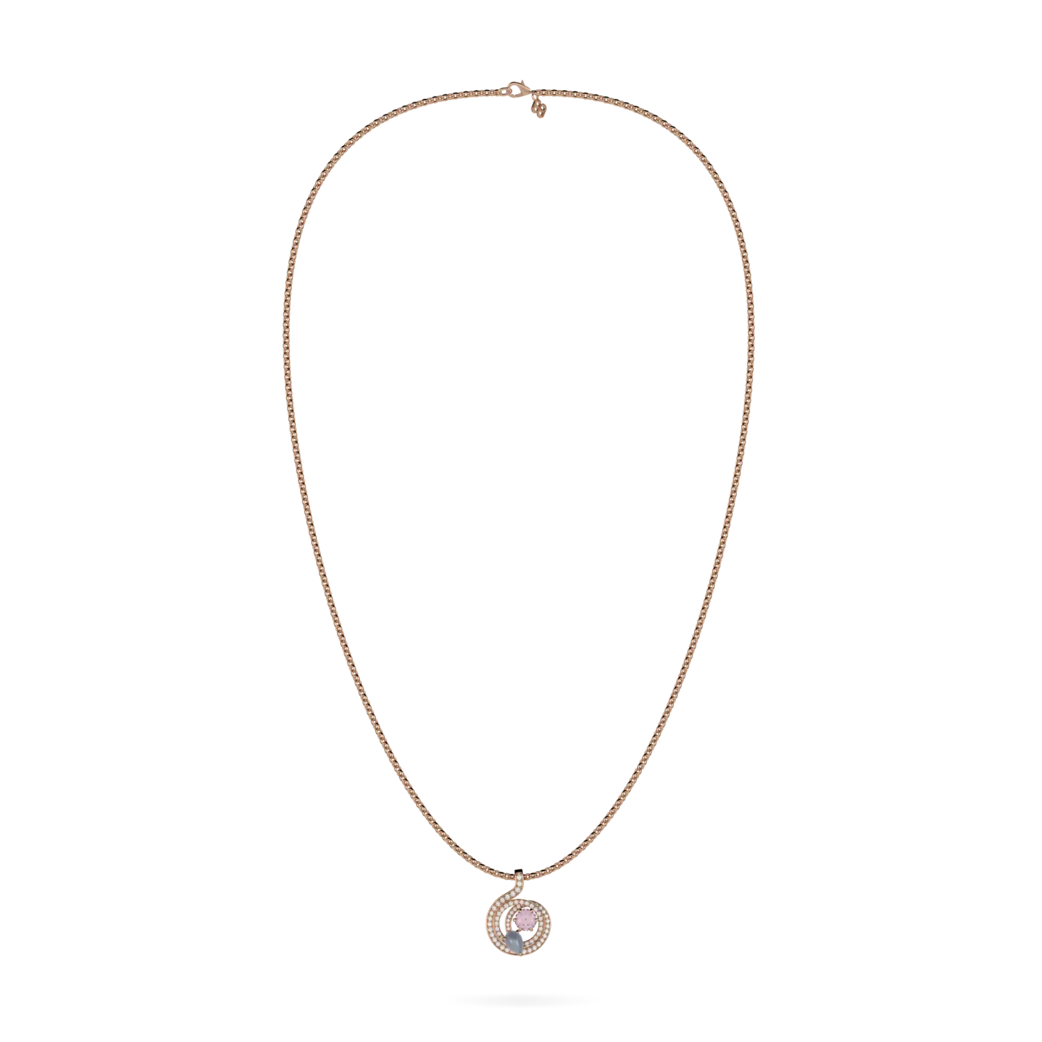 Blacklock Serpentine collection pendant in 18ct Rose Gold with Morganite and Diamond — front on view