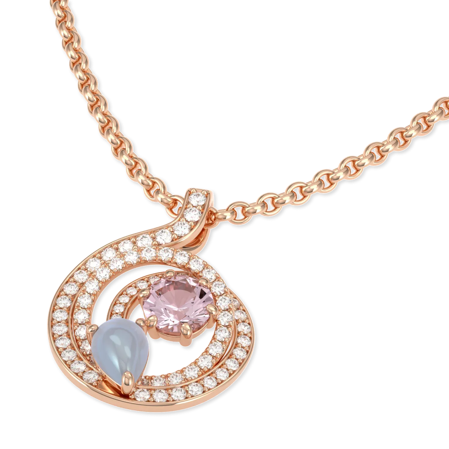 18ct Rose Gold Morganite and Diamond pendant from Blacklock's Serpentine collection — detail view