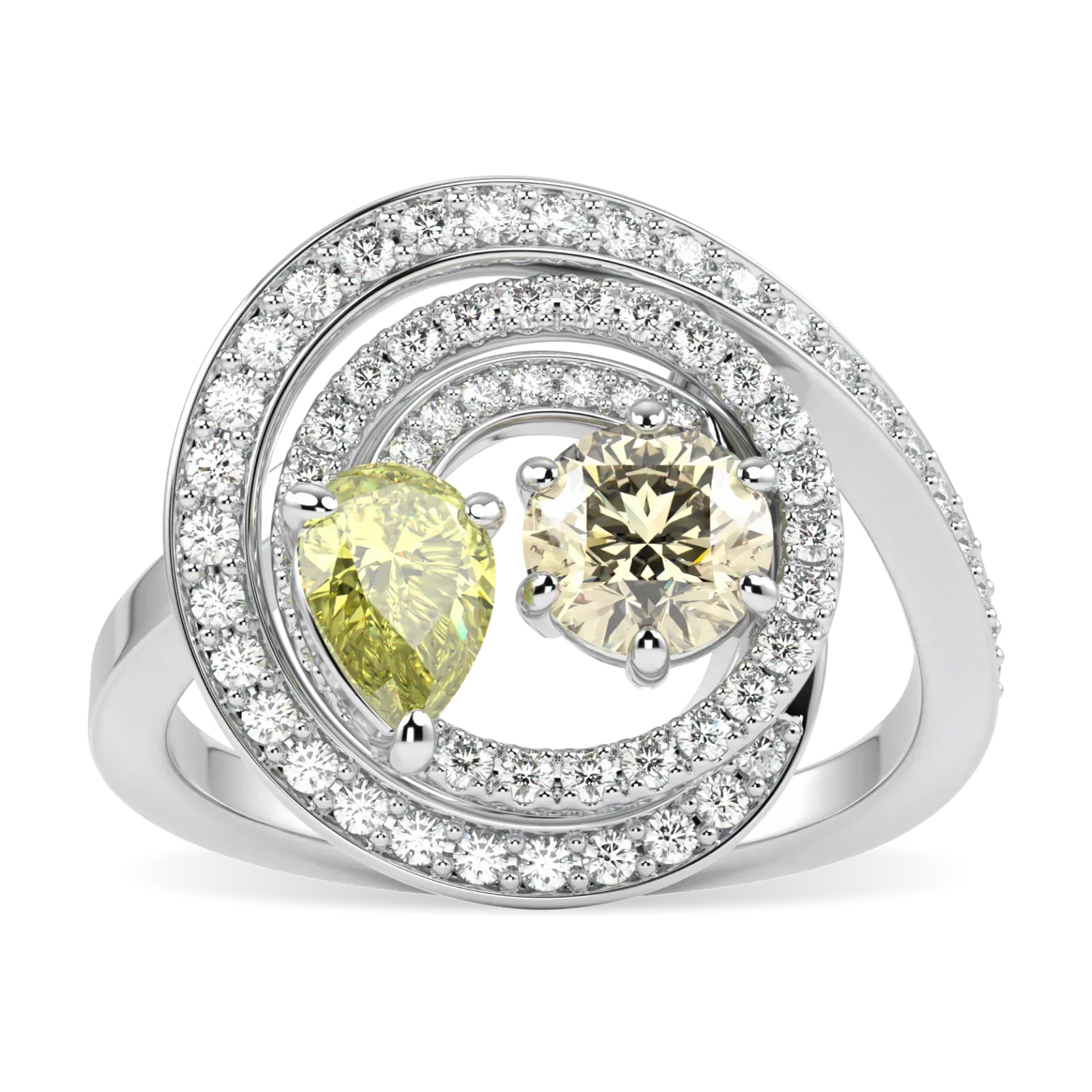Serpentine collection ring featuring Fancy Yellow Diamond set in 18ct White Gold, Blacklock Jewellery — top down view