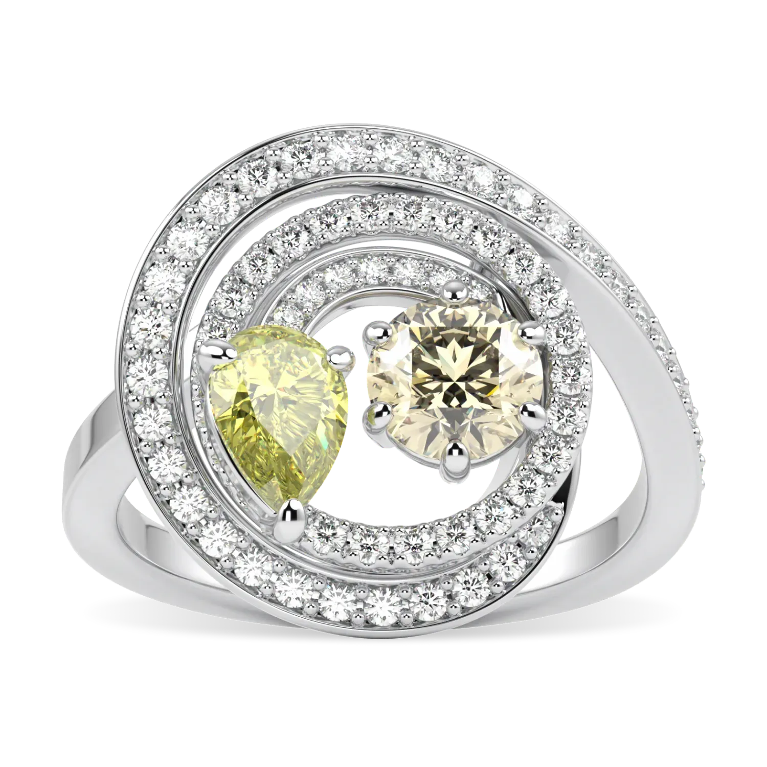 Serpentine collection ring featuring Fancy Yellow Diamond set in 18ct White Gold, Blacklock Jewellery — top down view
