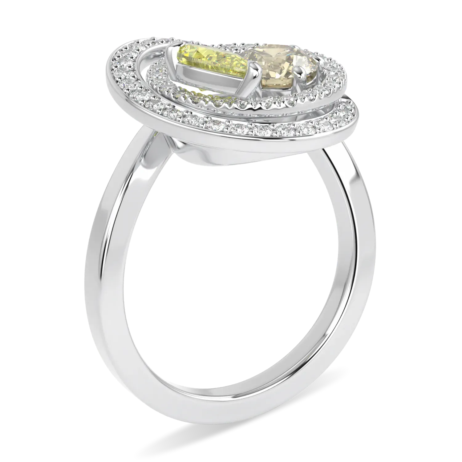 Handcrafted 18ct White Gold ring with Fancy Yellow Diamond by Blacklock, Serpentine collection — through finger view
