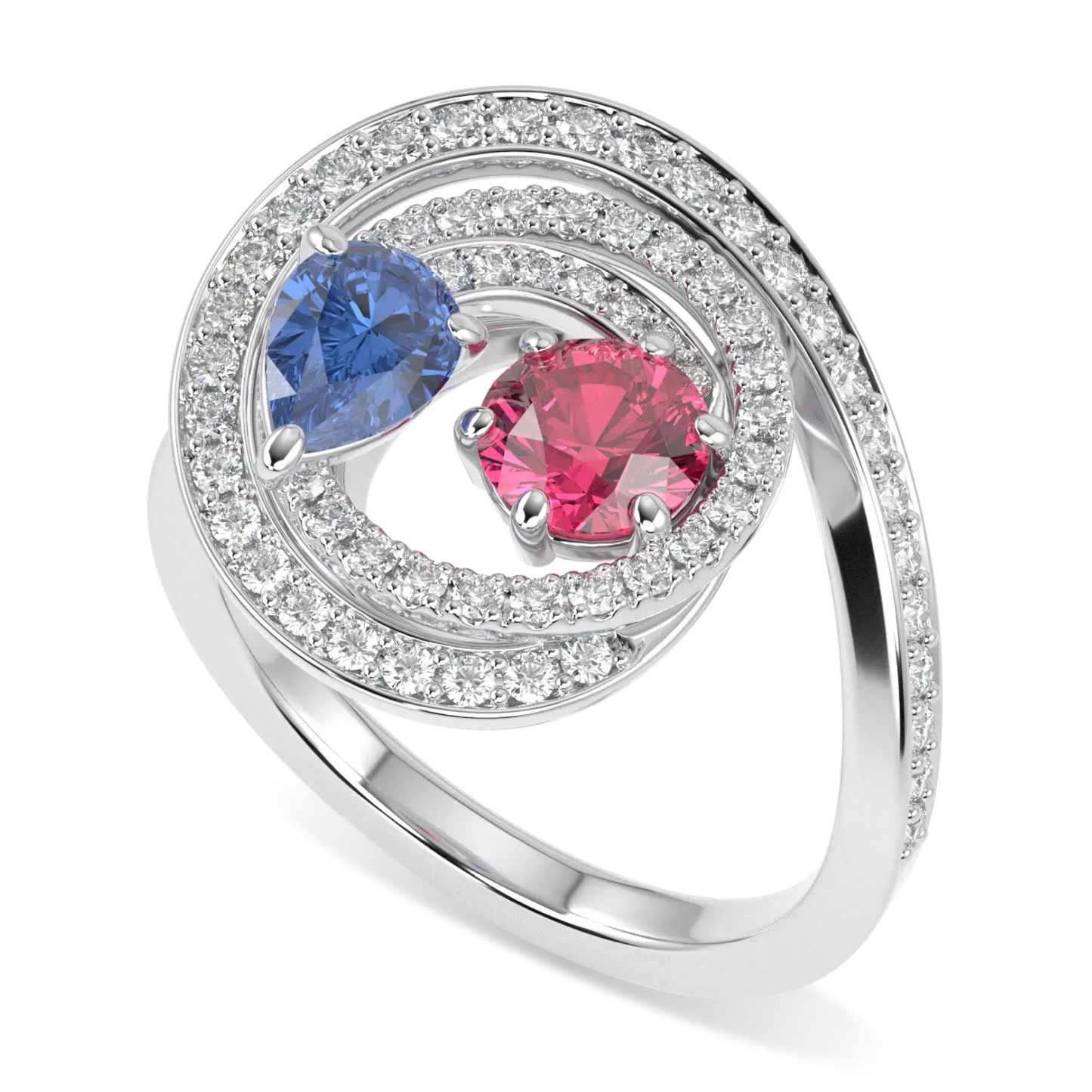 Handcrafted 18ct White Gold Sapphire Rubellite Diamond ring by Blacklock, Serpentine collection