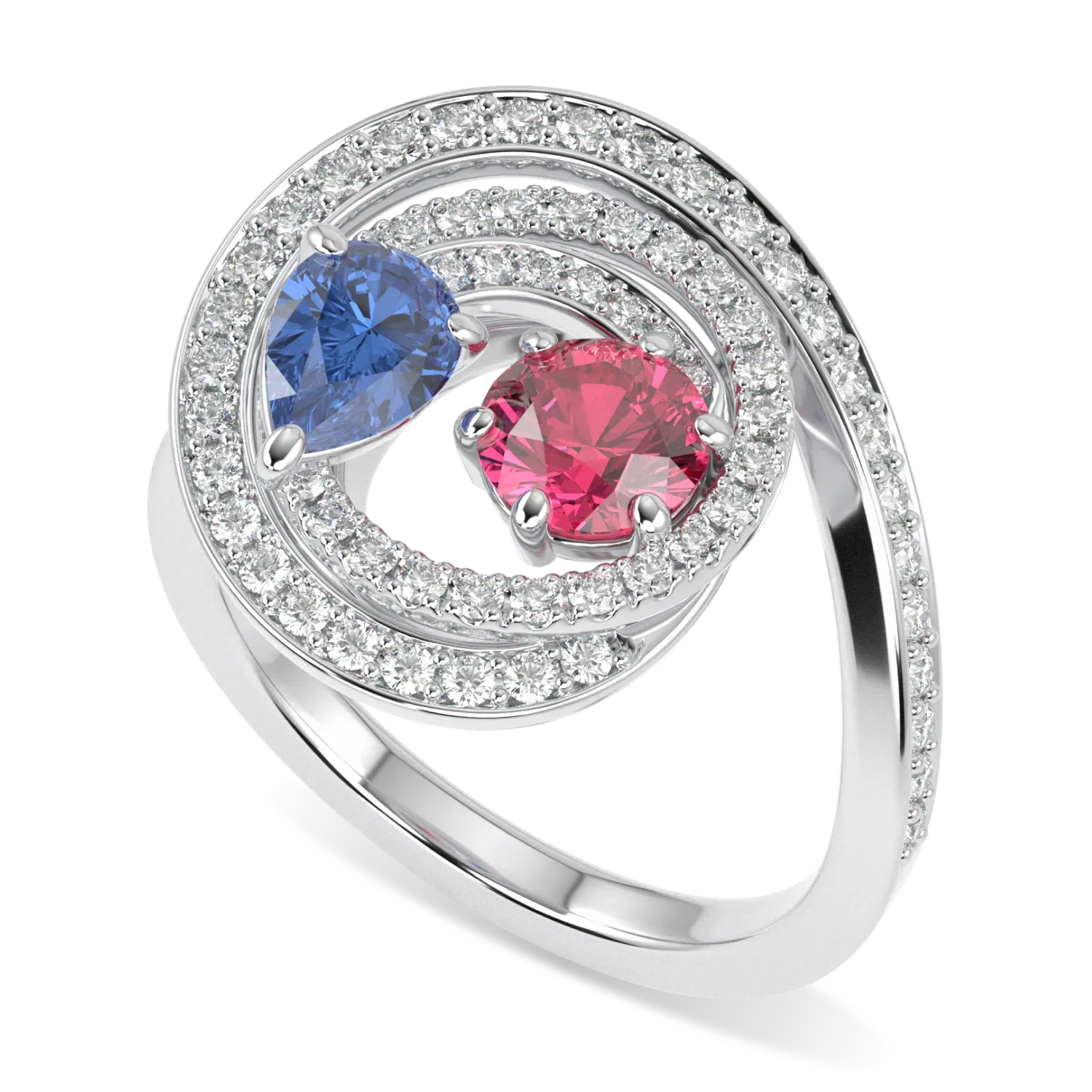Handcrafted 18ct White Gold Sapphire Rubellite Diamond ring by Blacklock, Serpentine collection