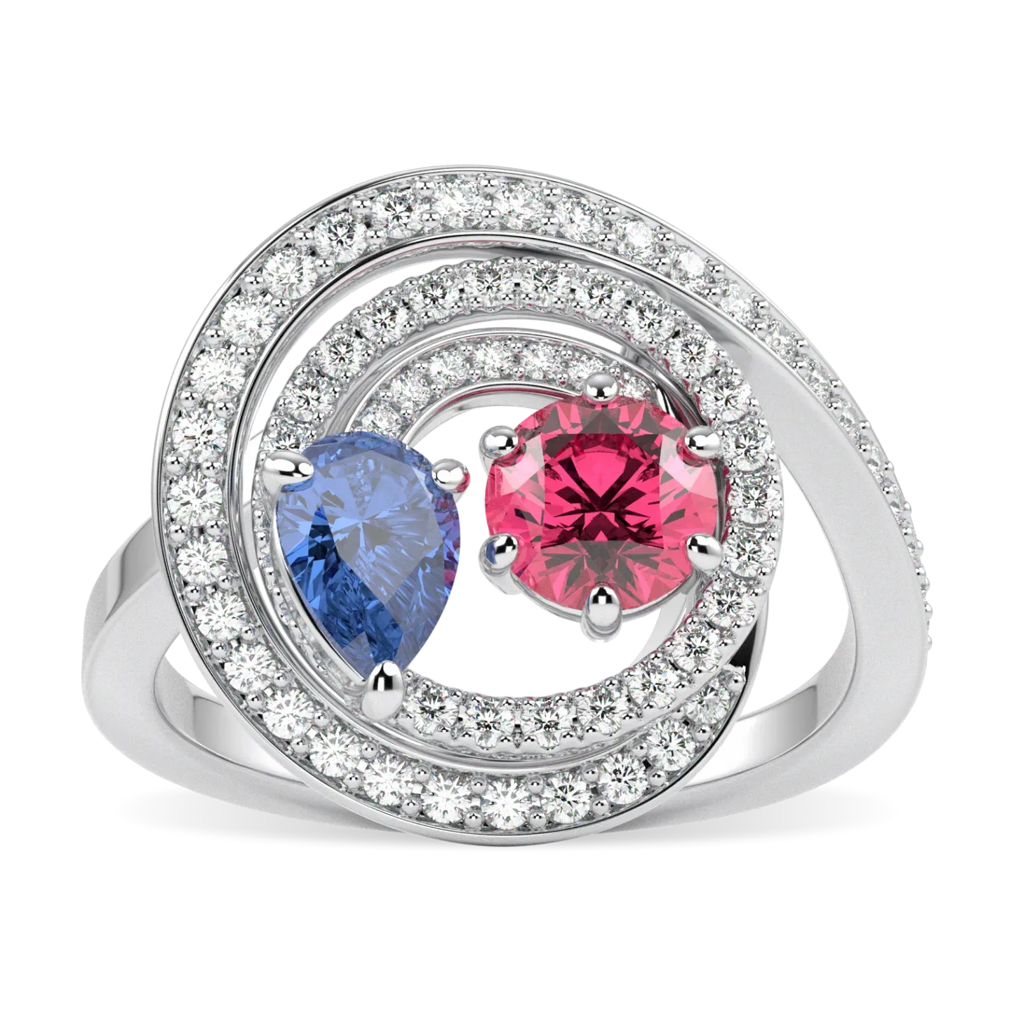 Large 18ct White Gold Diamond Sapphire Rubellite Ring by Blacklock Jewellery, Serpentine collection — top down view