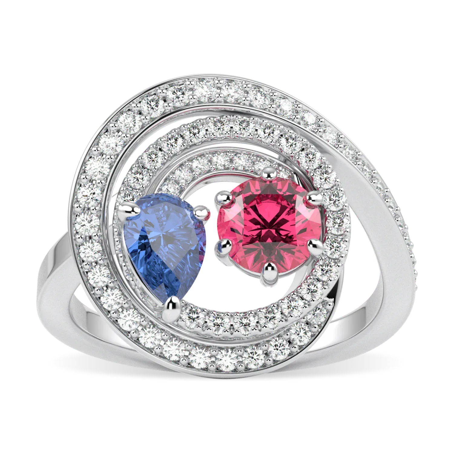 Large 18ct White Gold Diamond Sapphire Rubellite Ring by Blacklock Jewellery, Serpentine collection — top down view