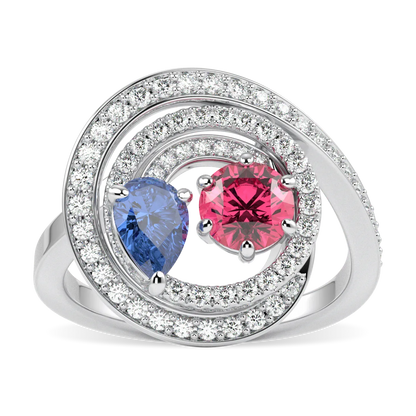 Large 18ct White Gold Diamond Sapphire Rubellite Ring by Blacklock Jewellery, Serpentine collection — top down view