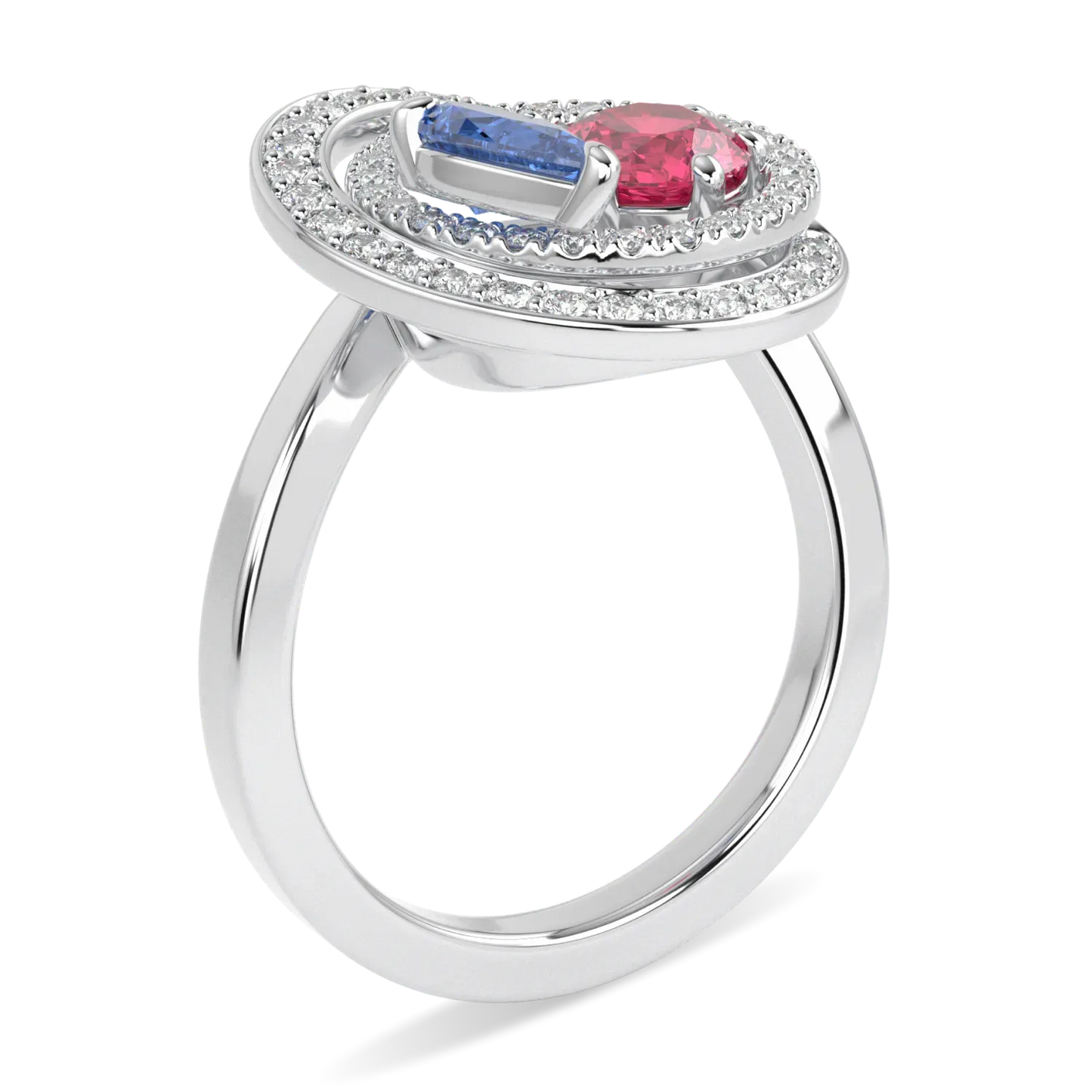Blacklock Serpentine ring in 18ct White Gold with Diamond Sapphire and Rubellite — through finger view