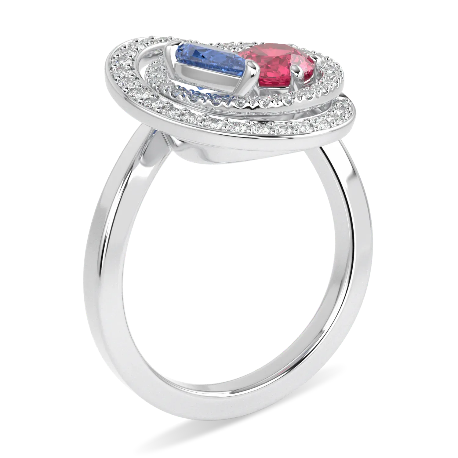 Blacklock Serpentine ring in 18ct White Gold with Diamond Sapphire and Rubellite — through finger view