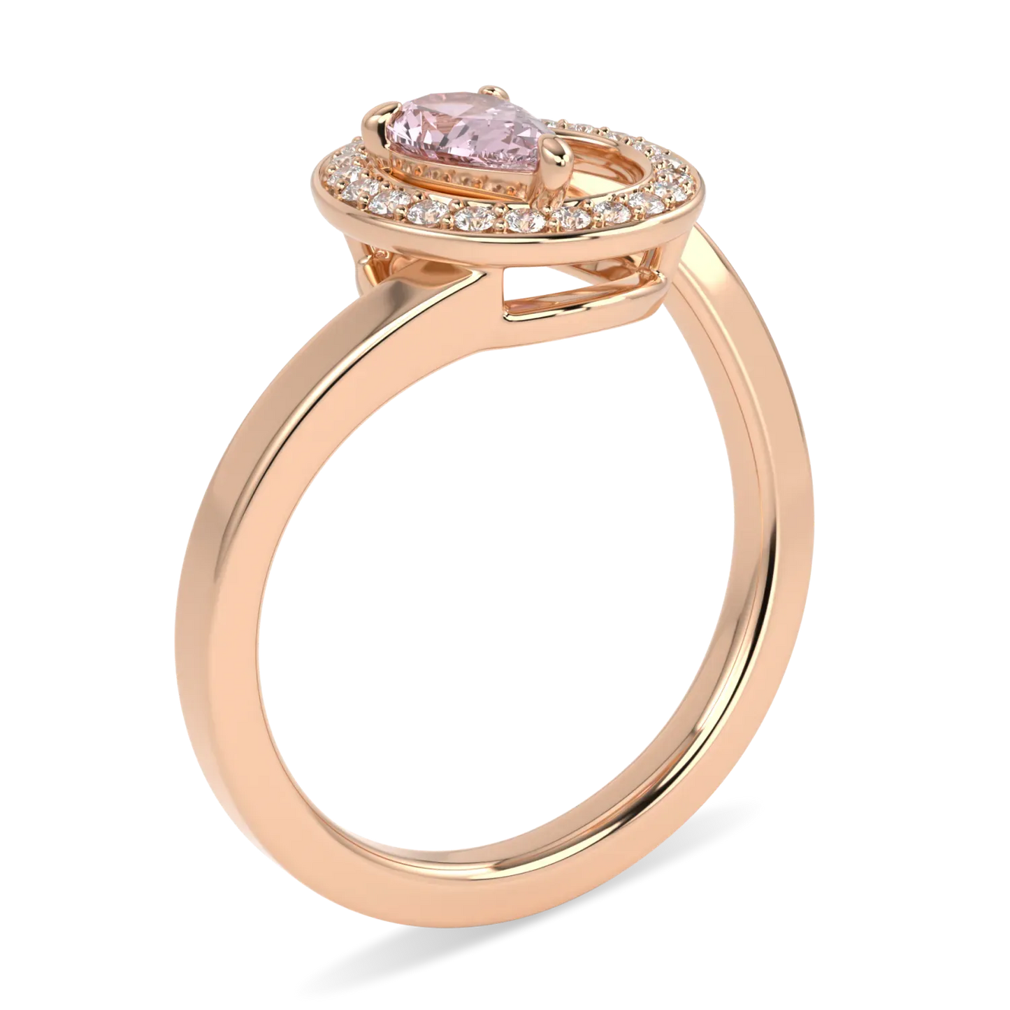 Small 18ct Rose Gold Morganite Diamond Ring by Blacklock Jewellery, Serpentine collection — through finger view