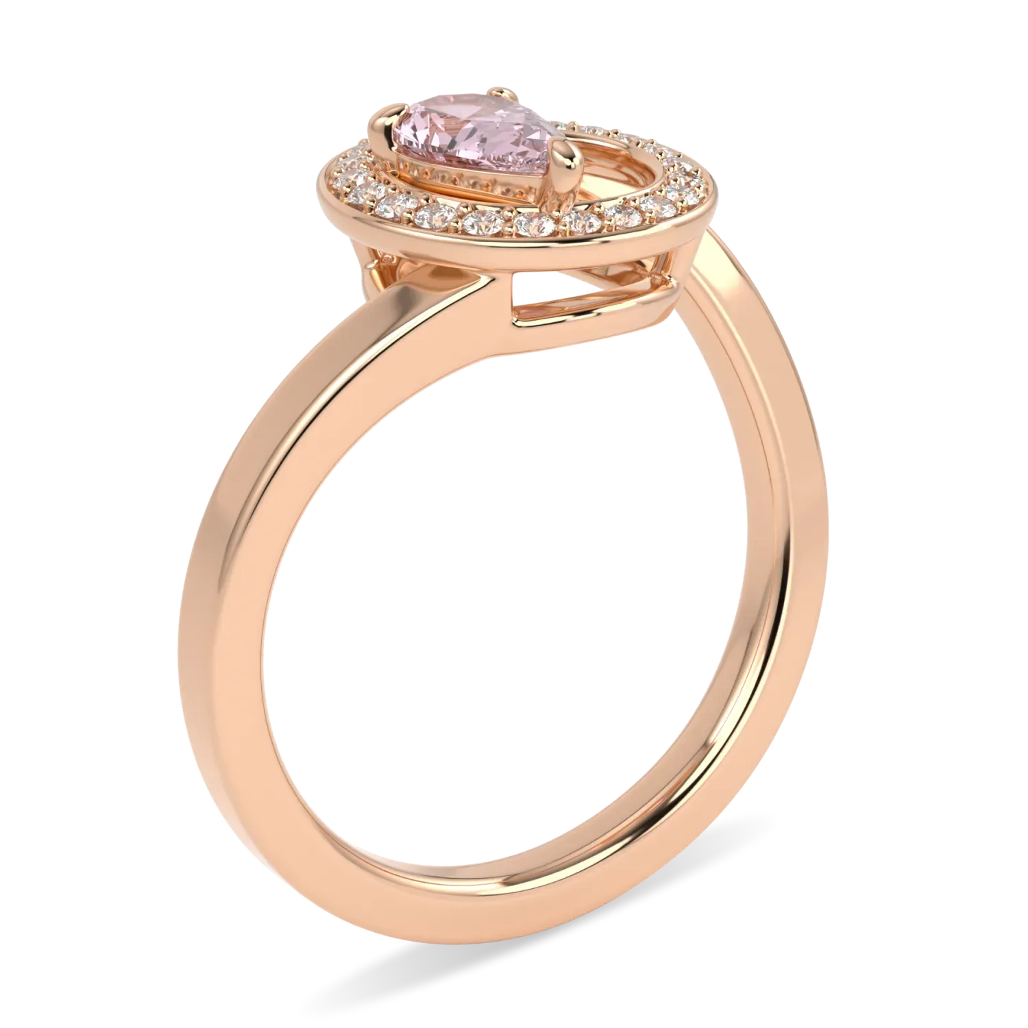 Small 18ct Rose Gold Morganite Diamond Ring by Blacklock Jewellery, Serpentine collection — through finger view