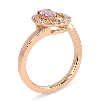 Small 18ct Rose Gold Morganite Diamond Ring by Blacklock Jewellery, Serpentine collection — through finger view