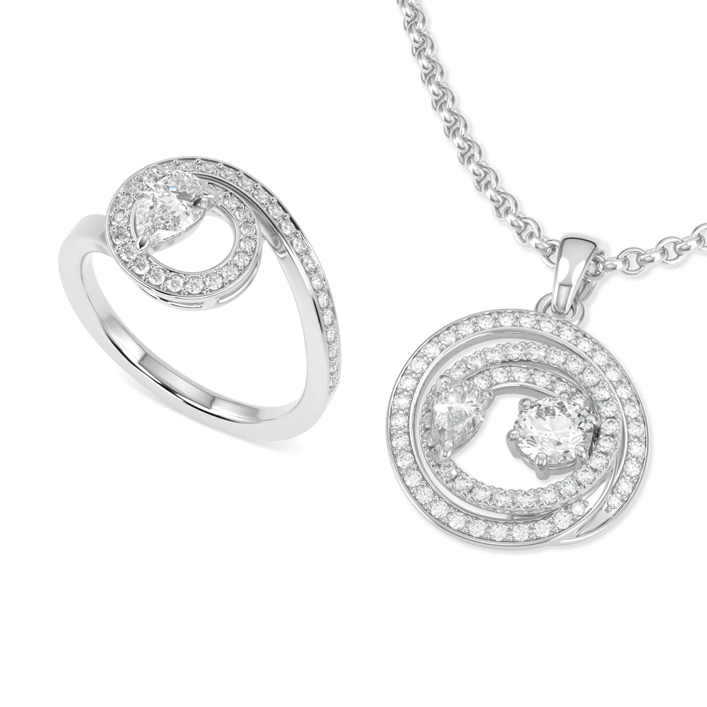 Handcrafted White Gold pendant and ring set with Diamond by Blacklock, Serpentine collection