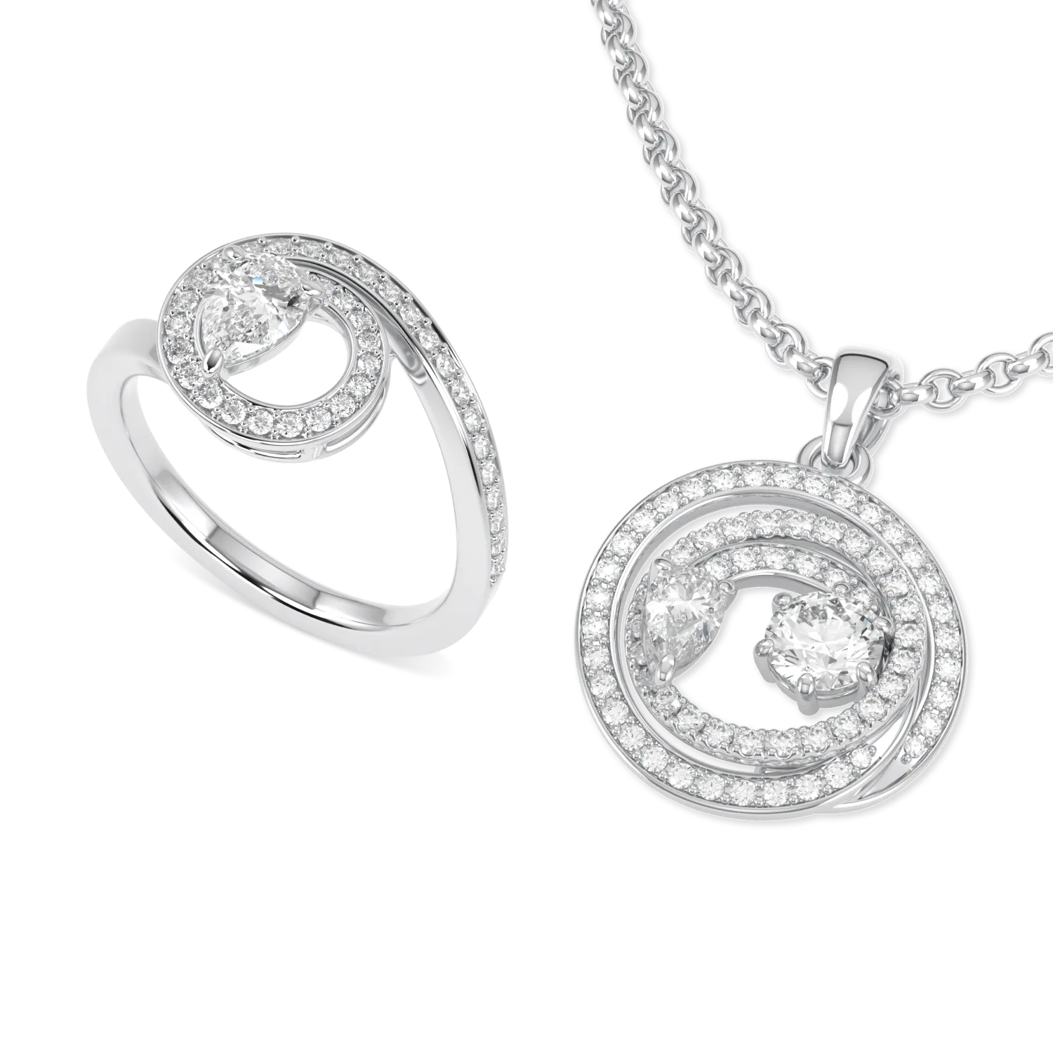 Handcrafted White Gold pendant and ring set with Diamond by Blacklock, Serpentine collection