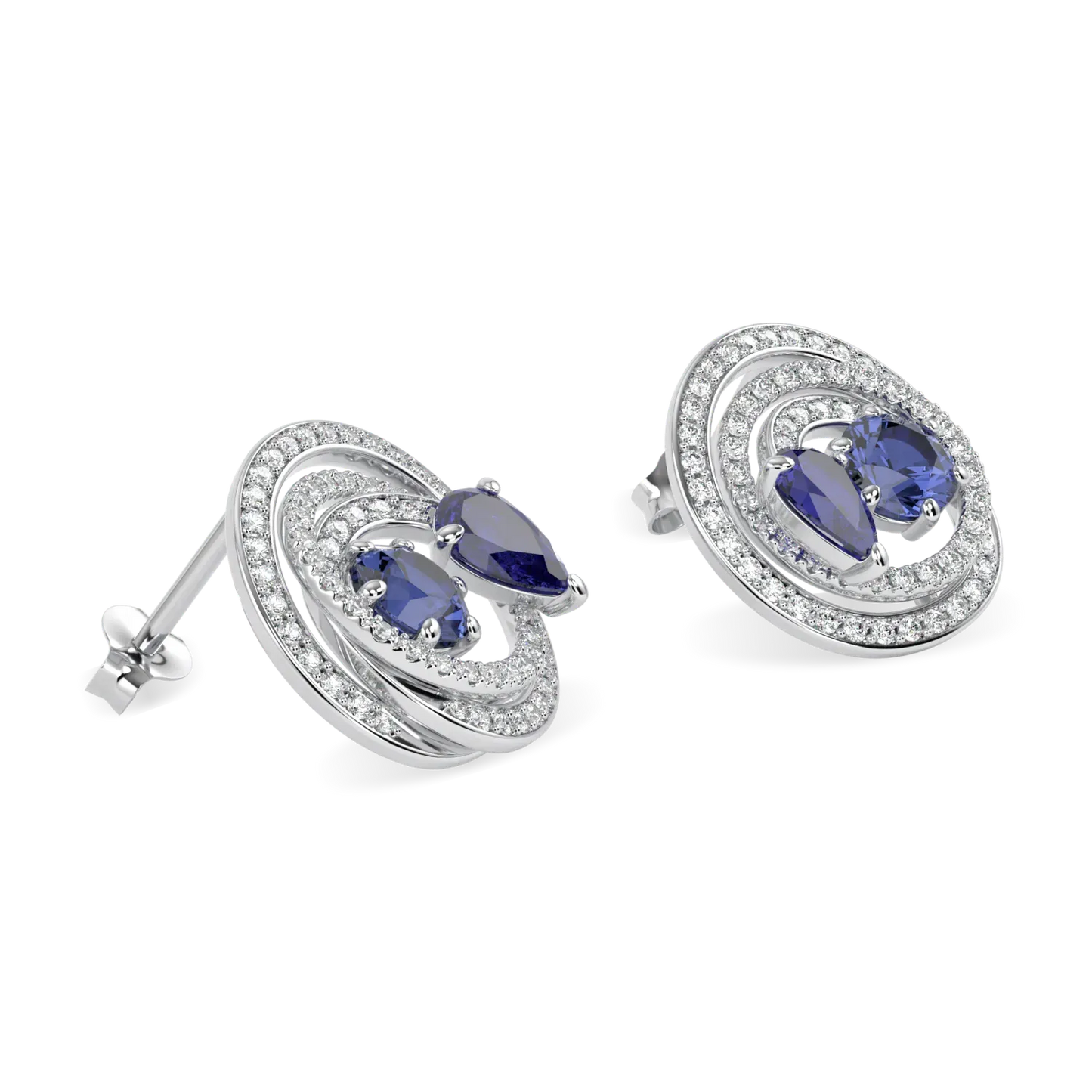 18ct White Gold Sapphire Diamond Stud Earrings by Blacklock Jewellery, Serpentine collection — detail view