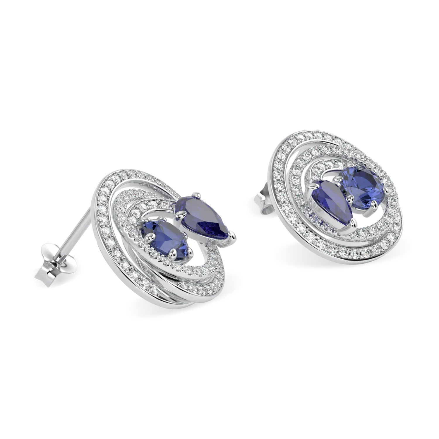 18ct White Gold Sapphire Diamond Stud Earrings by Blacklock Jewellery, Serpentine collection — detail view