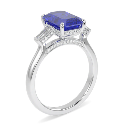 Sapphire Diamond Three Stone Ring by Blacklock Jewellery, High Jewellery collection — through finger view