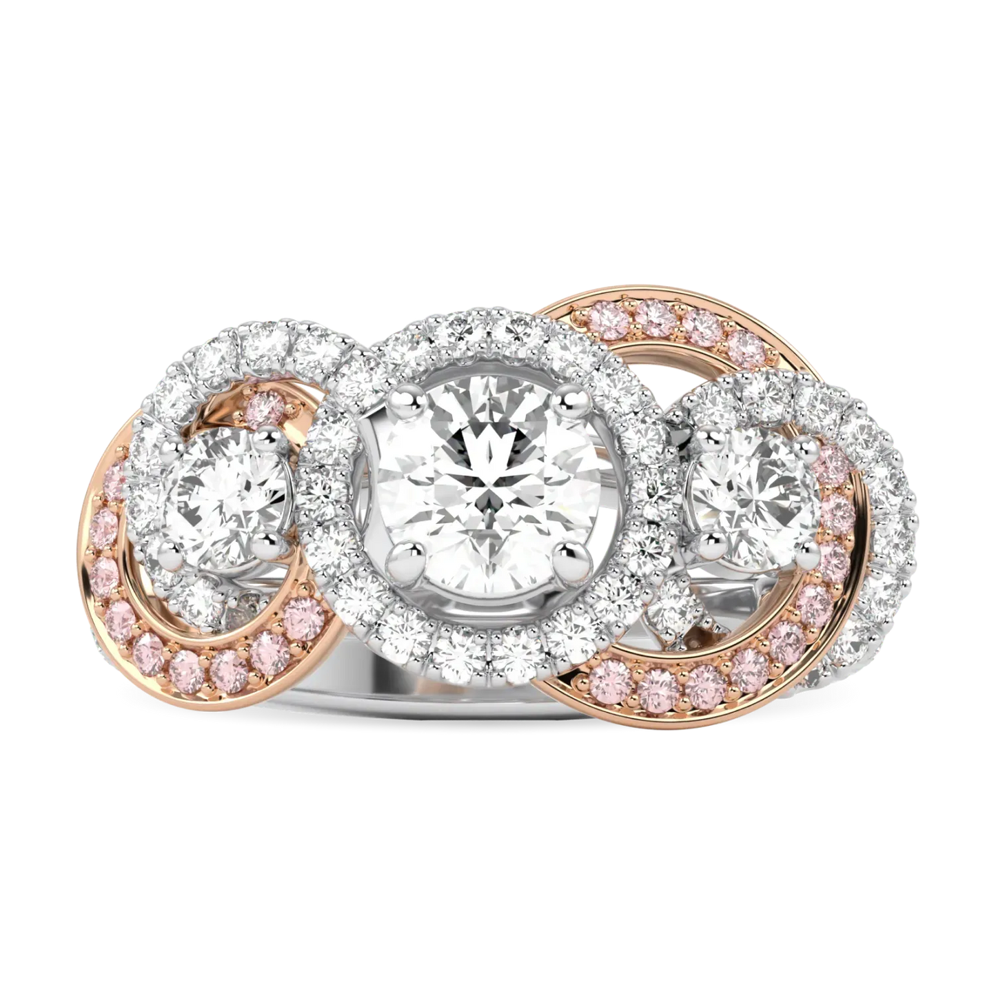Blacklock Trinity Three stone Diamond ring in Platinum and Rose Gold — top down view