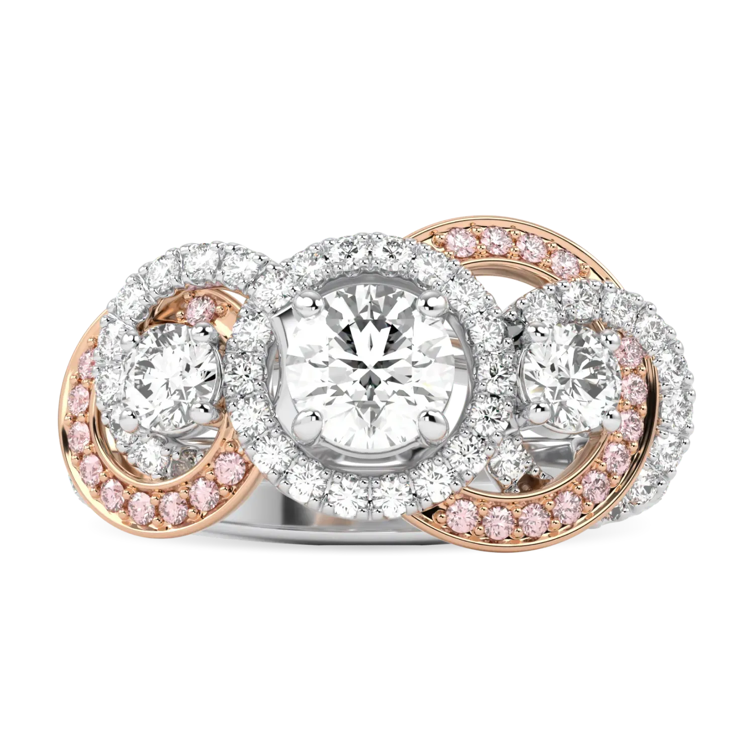 Blacklock Trinity Three stone Diamond ring in Platinum and Rose Gold — top down view