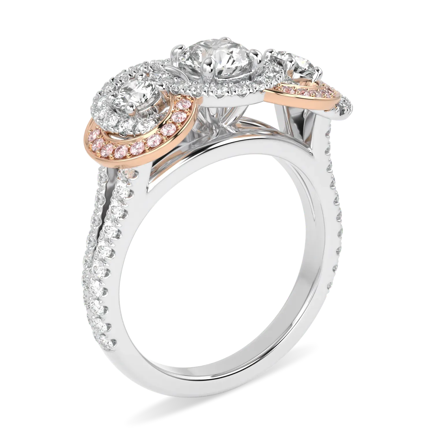 Platinum Rose Gold Three Stone Diamond ring from Blacklock's High Jewellery collection — through finger view