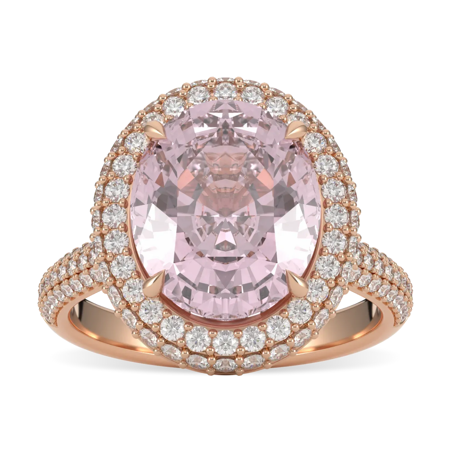 Vintage ring featuring Morganite and Diamond set in 18ct Rose Gold, Blacklock Jewellery — top down view