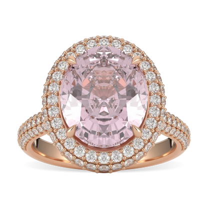 Vintage ring featuring Morganite and Diamond set in 18ct Rose Gold, Blacklock Jewellery — top down view