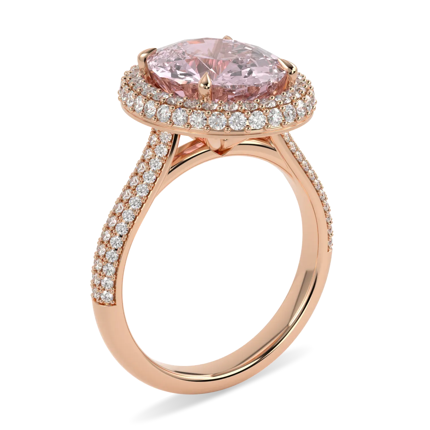Handcrafted 18ct Rose Gold ring with Morganite and Diamond by Blacklock, High Jewellery collection — through finger view