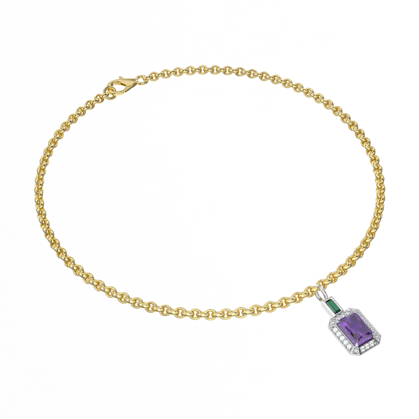 Suffragette Ribbon charm bracelet featuring Amethyst set in Yellow Gold, Blacklock Jewellery