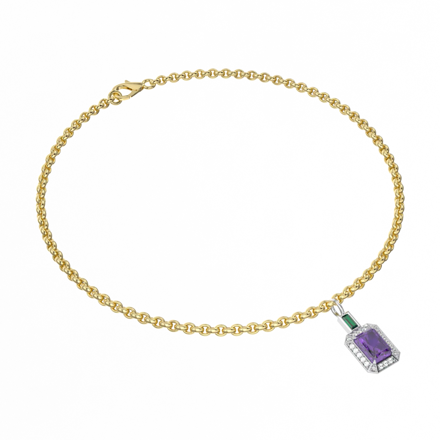 Suffragette Ribbon charm bracelet featuring Amethyst set in Yellow Gold, Blacklock Jewellery