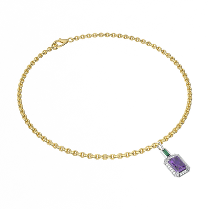 Suffragette Ribbon charm bracelet featuring Amethyst set in Yellow Gold, Blacklock Jewellery