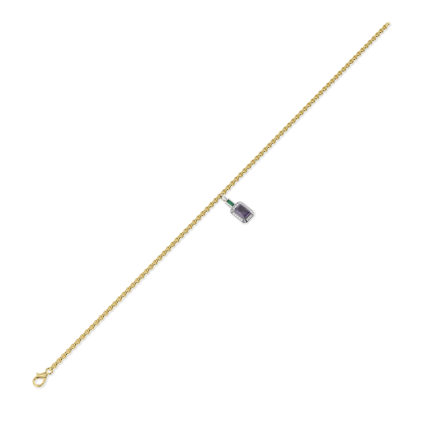 Handcrafted Yellow Gold Halo charm bracelet with Amethyst by Blacklock — side view