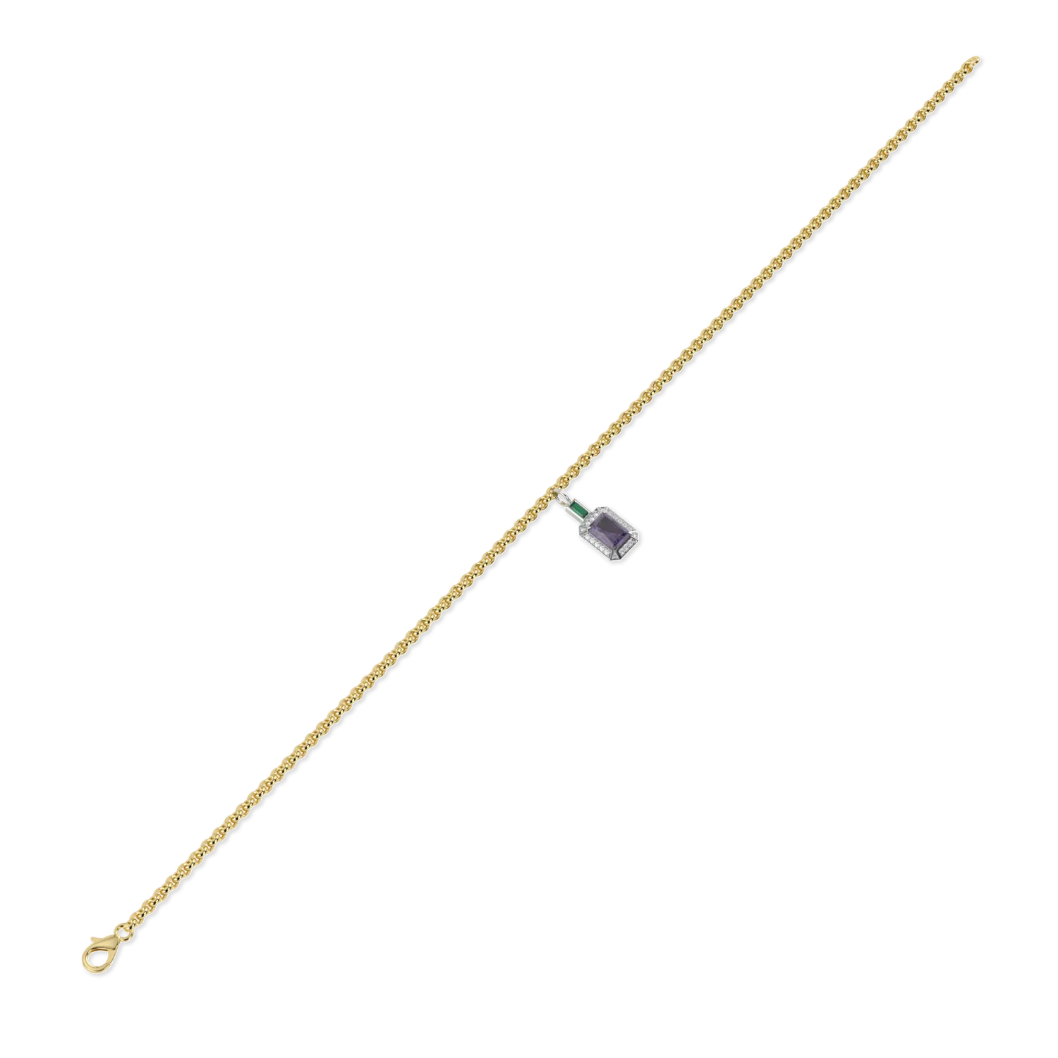 Handcrafted Yellow Gold Halo charm bracelet with Amethyst by Blacklock — side view