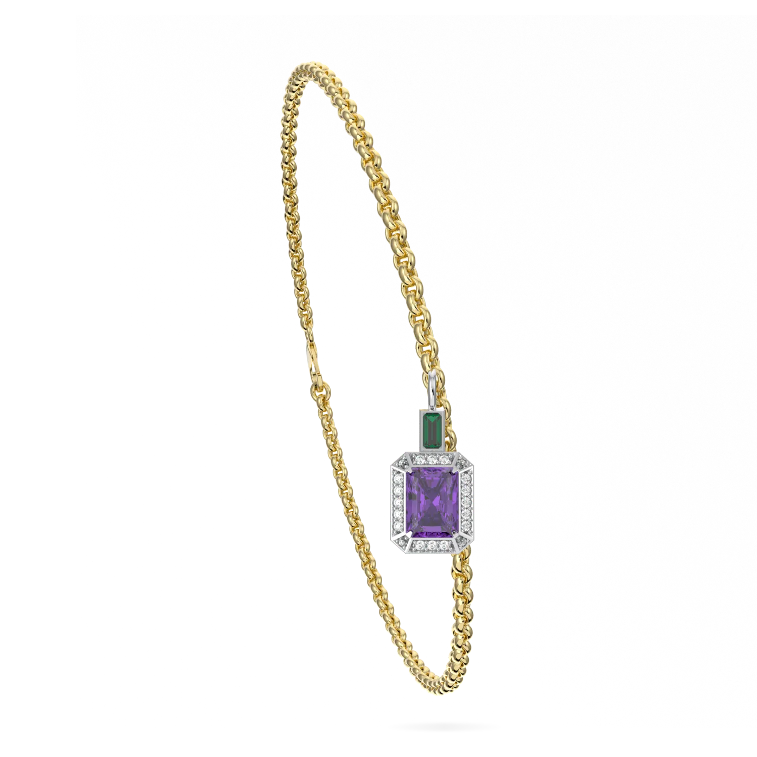 Yellow Gold Suffragette Amethyst Halo Charm bracelet by Blacklock Jewellery — detail view