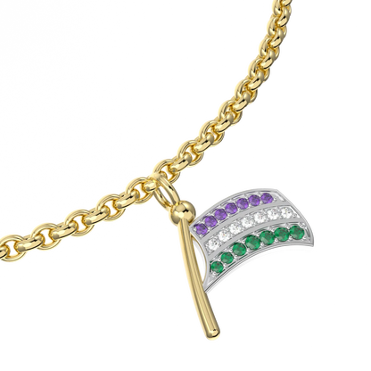 Handcrafted Yellow Gold Suffragette Flag charm bracelet by Blacklock — worn view
