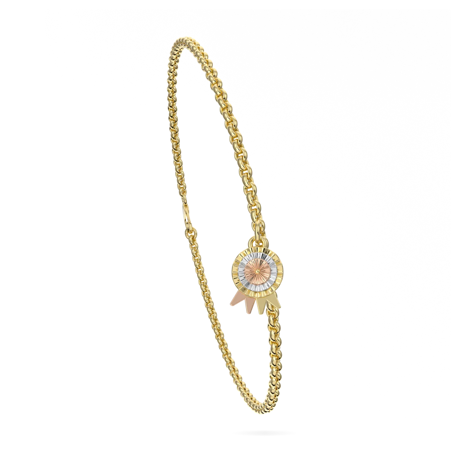 Yellow Gold Rosette Suffragette charm bracelet by Blacklock Jewellery — detail view