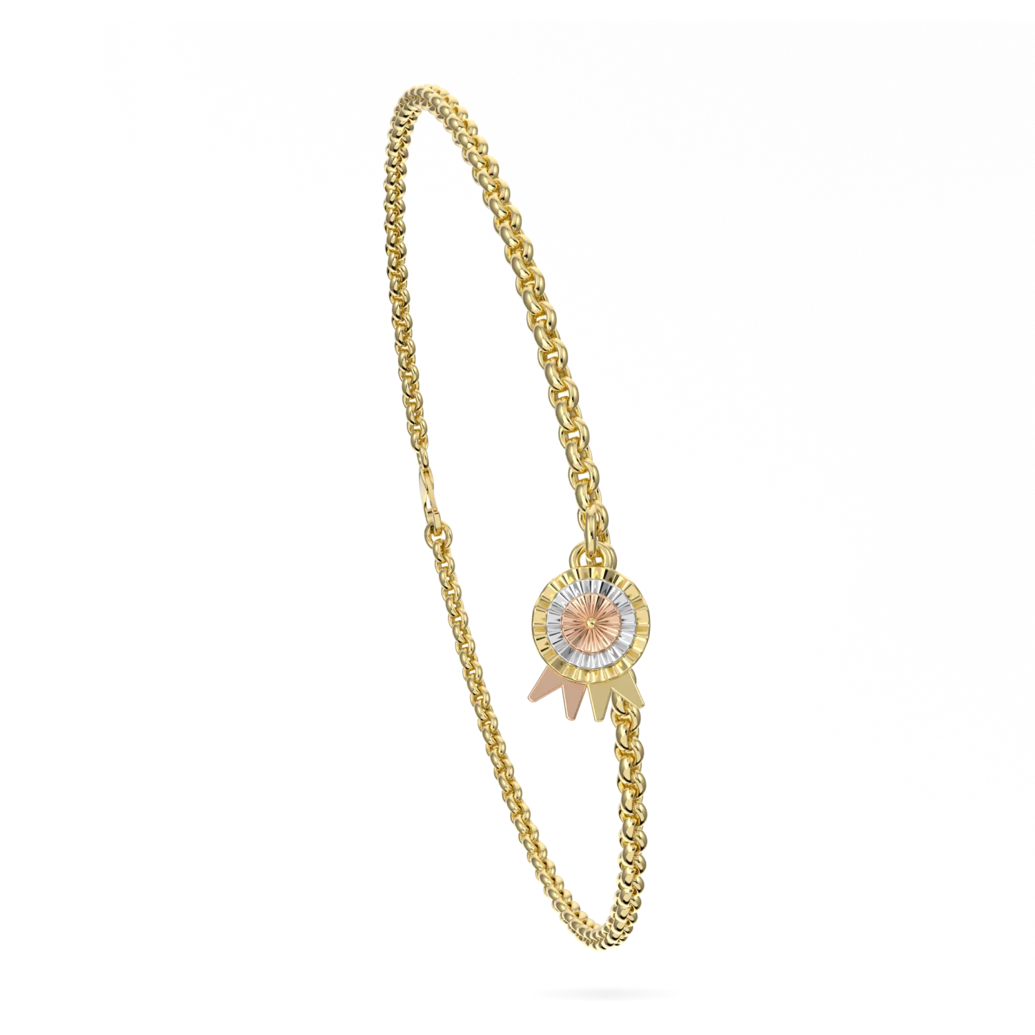 Yellow Gold Rosette Suffragette charm bracelet by Blacklock Jewellery — detail view