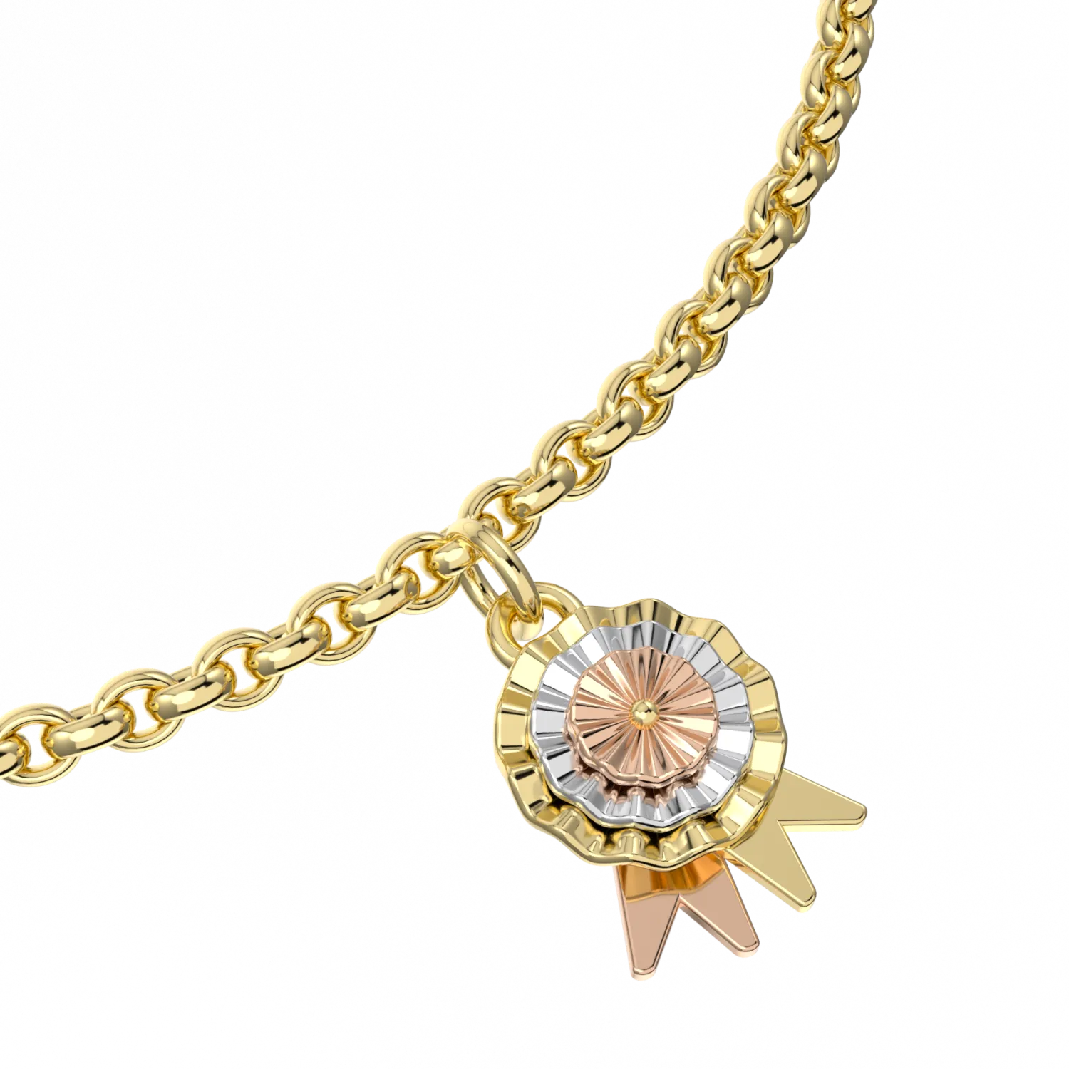 Rosette charm bracelet set in Yellow Gold, Blacklock Jewellery — worn view