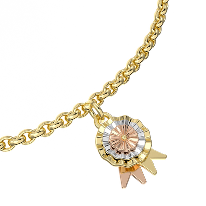 Rosette charm bracelet set in Yellow Gold, Blacklock Jewellery — worn view